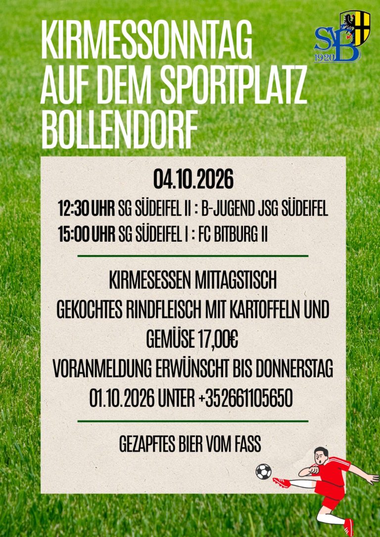 2026-10-04_plakat_kirmessonntag_svbollendorf Kirmessonntag 04.10.2026 auf dem Sportplatz in Bollendorf